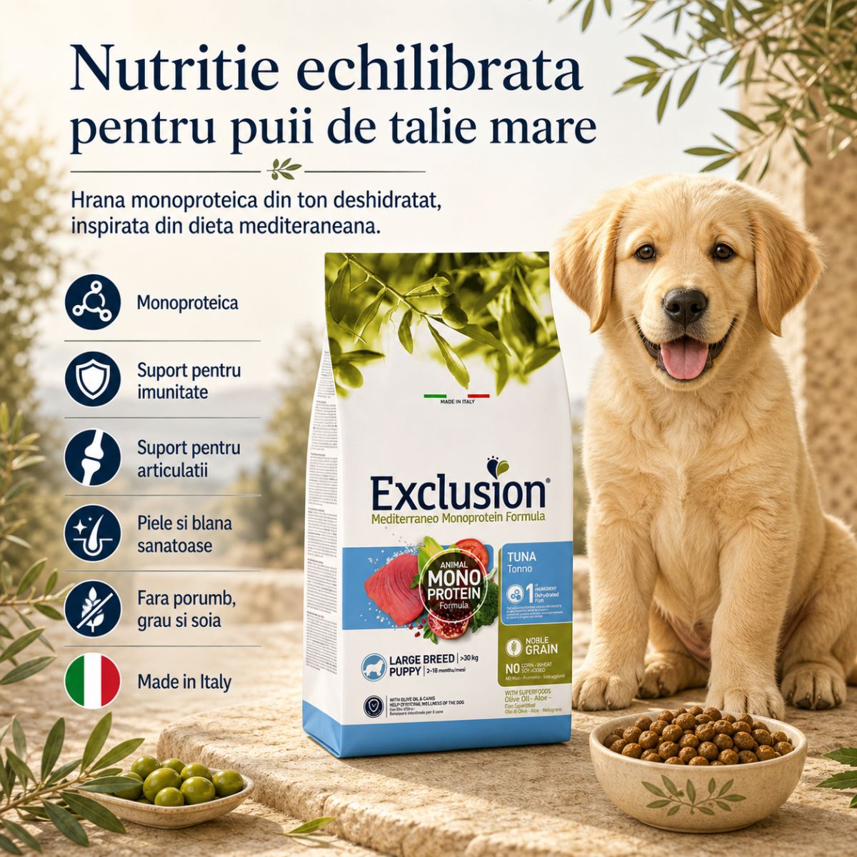 EXCLUSION Mediterraneo Monoprotein Formula Puppy Large Breed, L-XL, Ton, hrană uscată monoproteică câini junior, 12kg - imagine 4